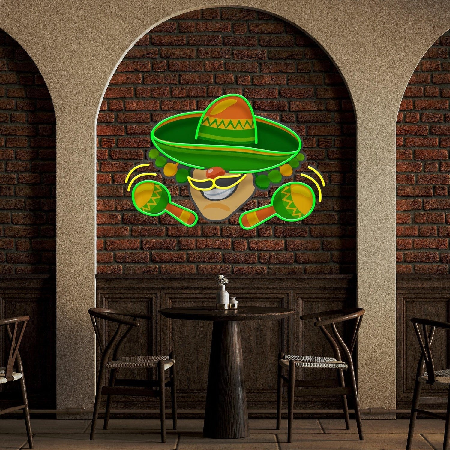 Mexico Themed Green-Yellow Cartoon Sombrero Maracas Uv Printed Led Neon Sign Artwork | Shineneon