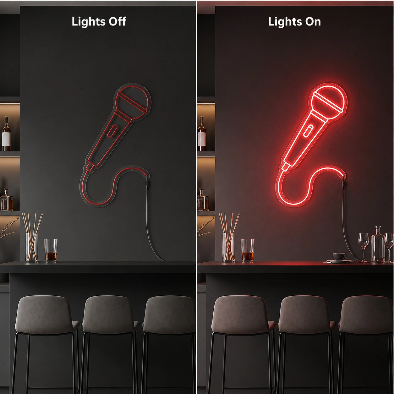 Microphone Outline Neon Sign LED Neon Sign day and night comparison