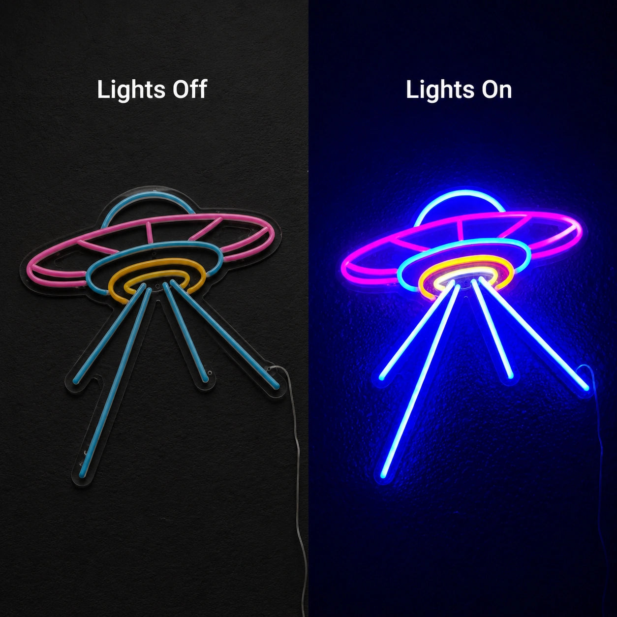 Minimal UFO Beam Neon Sign LED Neon Sign day and night comparison