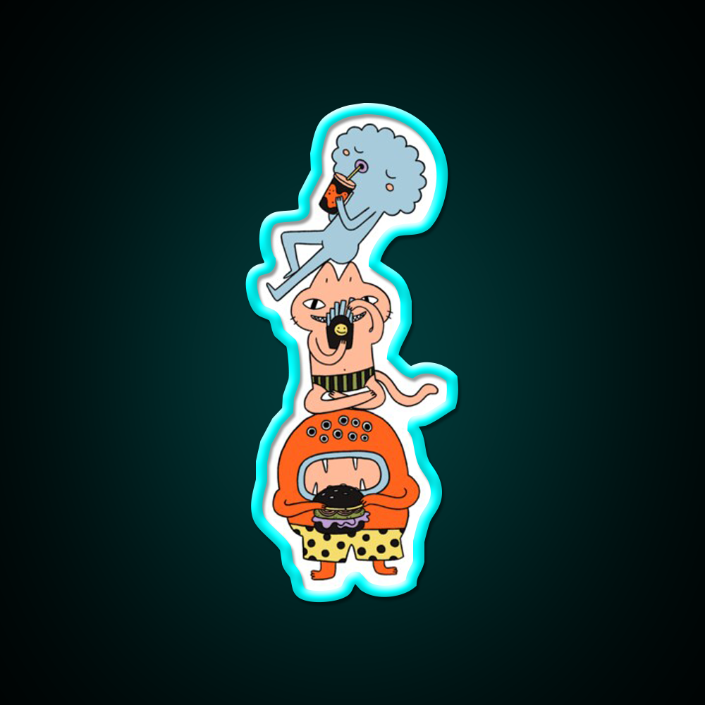 Monster Trio Doodle Coloured Fast Food Led Neon Sign For Burger Place Rgb Color