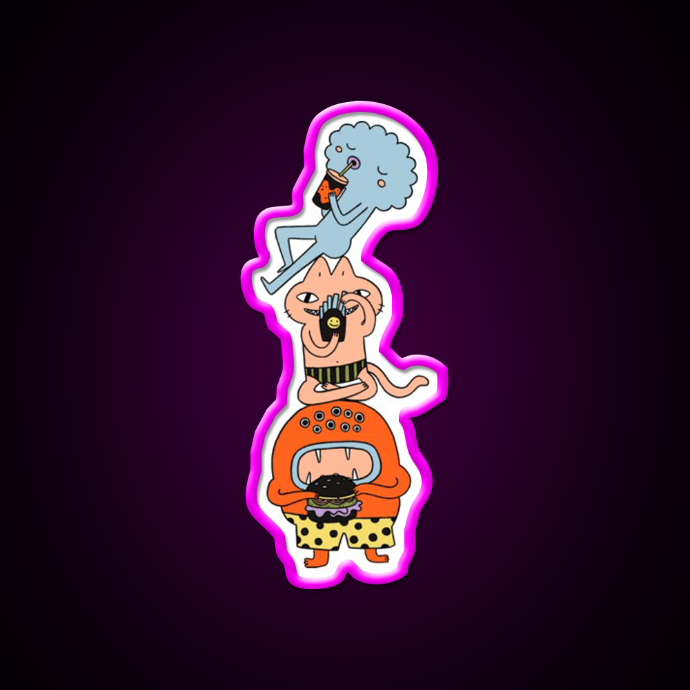 Monster Trio Doodle Coloured Fast Food Led Neon Sign For Burger Place Rgb Color