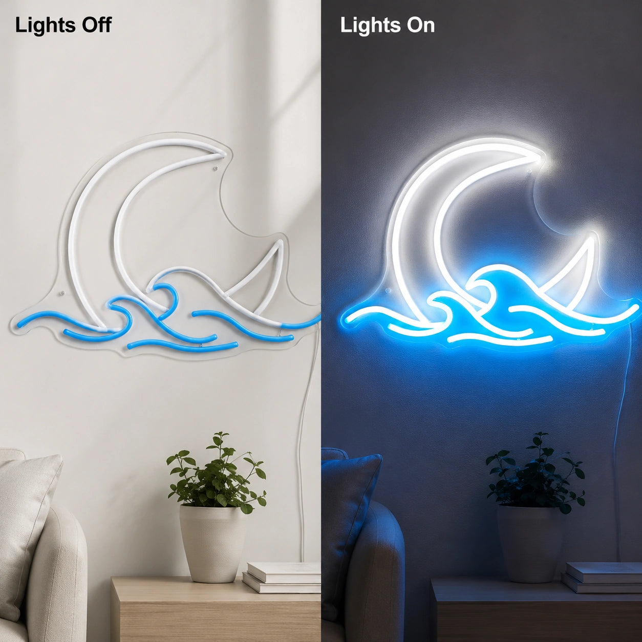 Moon Ocean Wave Neon Sign LED Neon Sign day and night comparison
