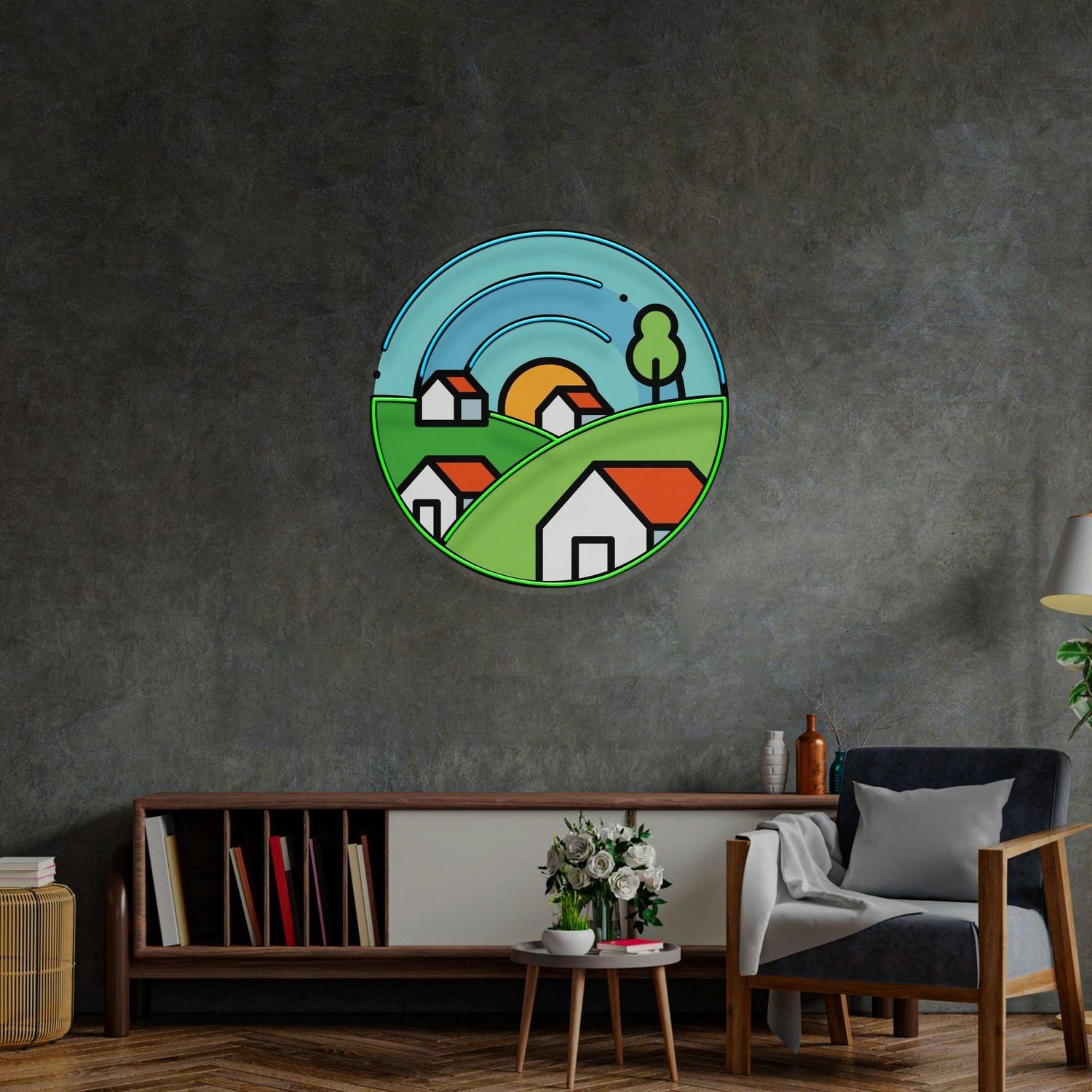 Morning On Grassy Village Uv Printed Led Neon Sign Indoor Wall Art | Shineneon