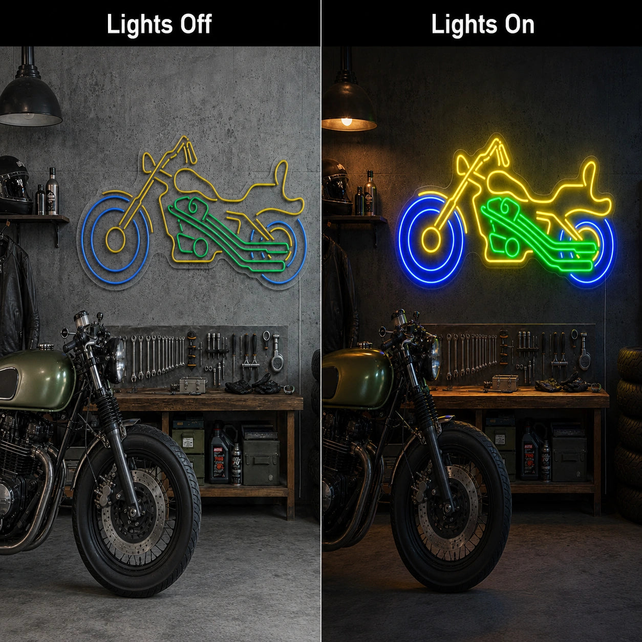 Motorcycle Lounge Neon Sign LED Neon Sign day and night comparison