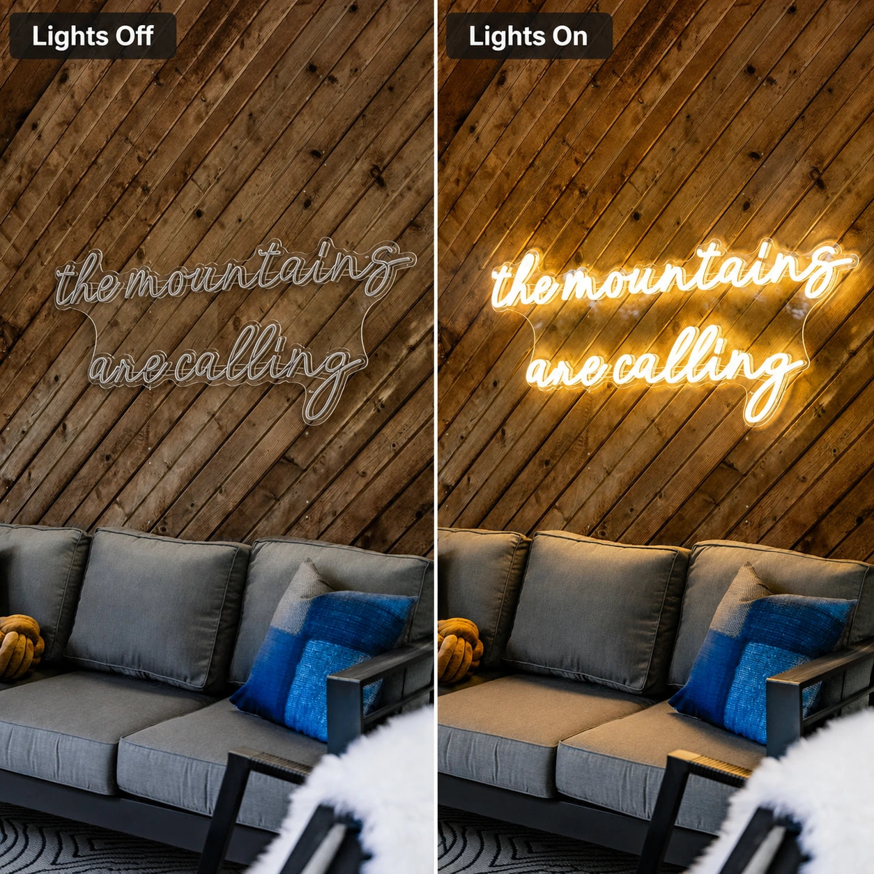 Mountain Cabin Quote Neon Sign LED Neon Sign day and night comparison