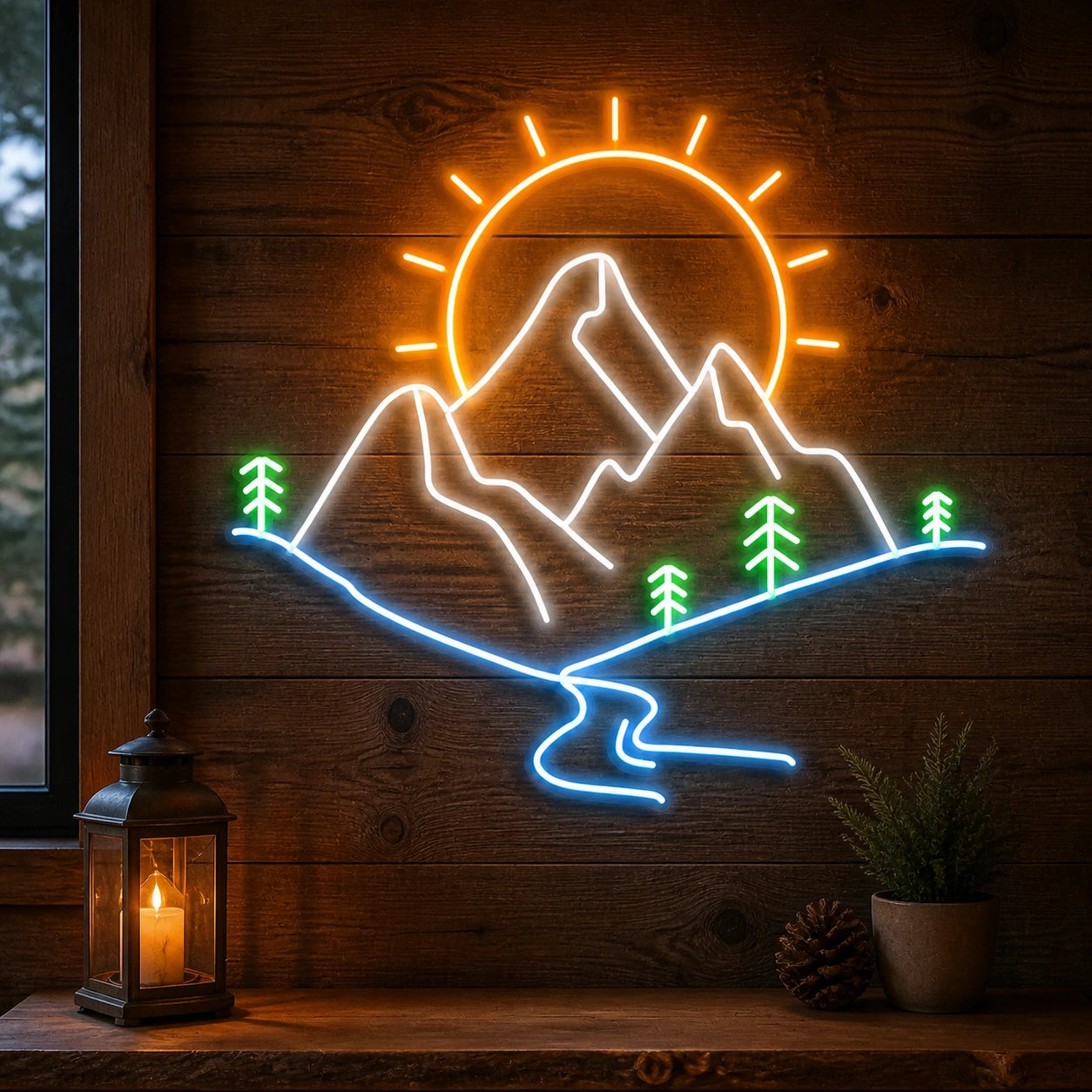 Mountain Sun River Pines Vintage LED Neon Sign real lifestyle scene
