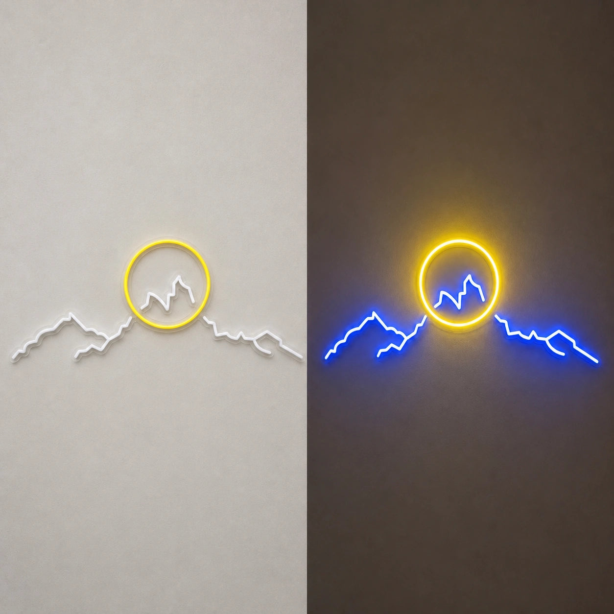 Mountain Sunrise Landscape Vintage LED Neon Sign day and night comparison