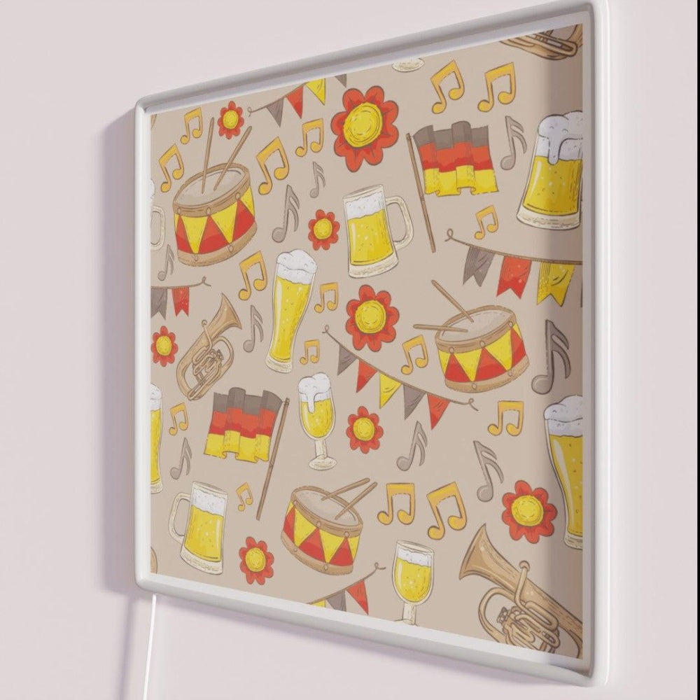 Music And Beer Oktoberfest Pattern Beige Rgb Led Neon Sign - Neon sign mounted on wall in room