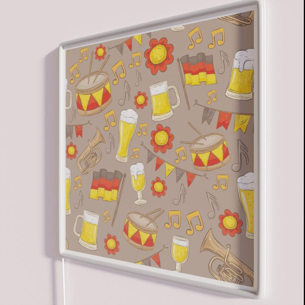 Music And Beer Oktoberfest Pattern Chocolate Rgb Led Neon Sign - Neon sign mounted on wall in room