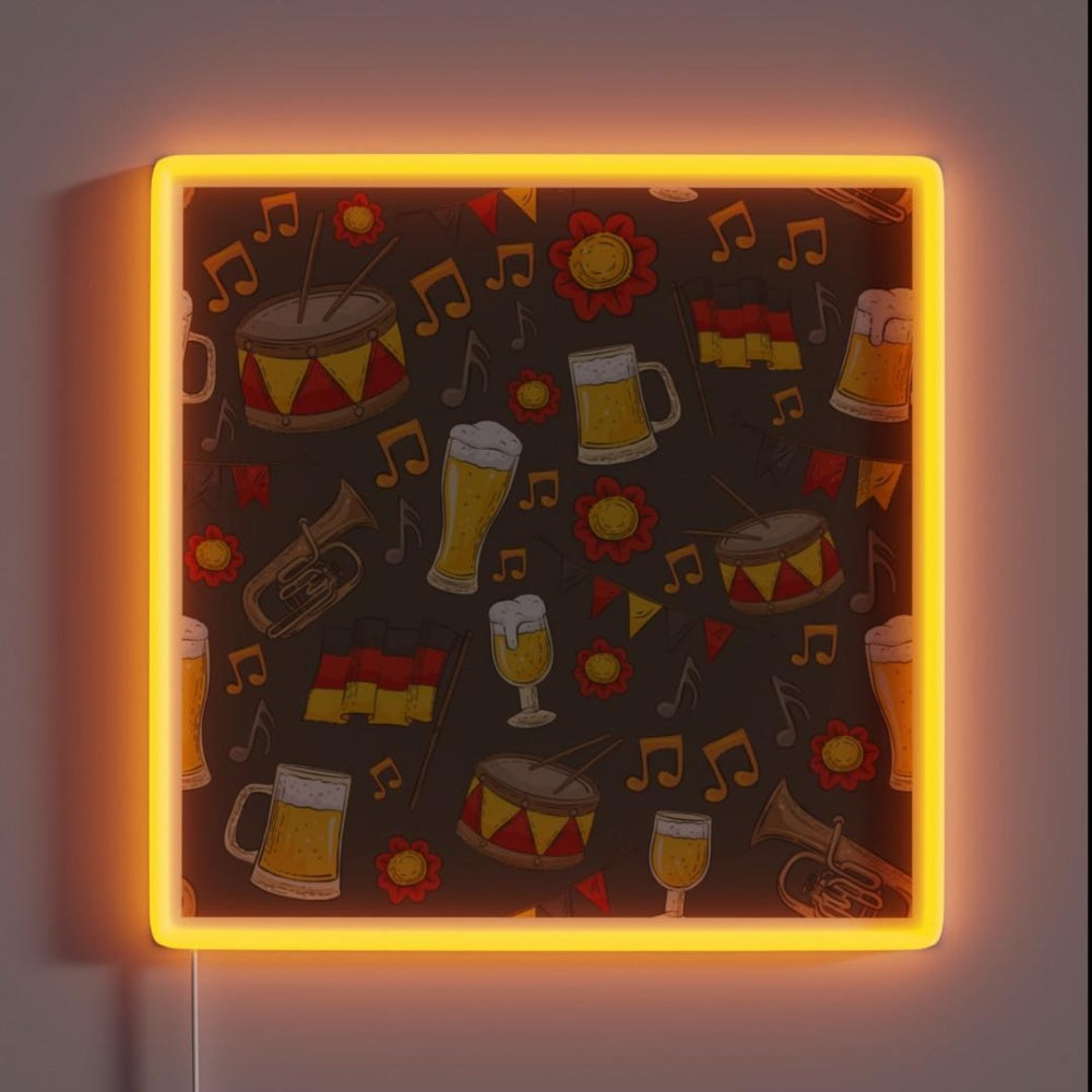 Music And Beer Oktoberfest Pattern Dark Chocolate Rgb Led Neon Sign - Custom LED neon sign front view