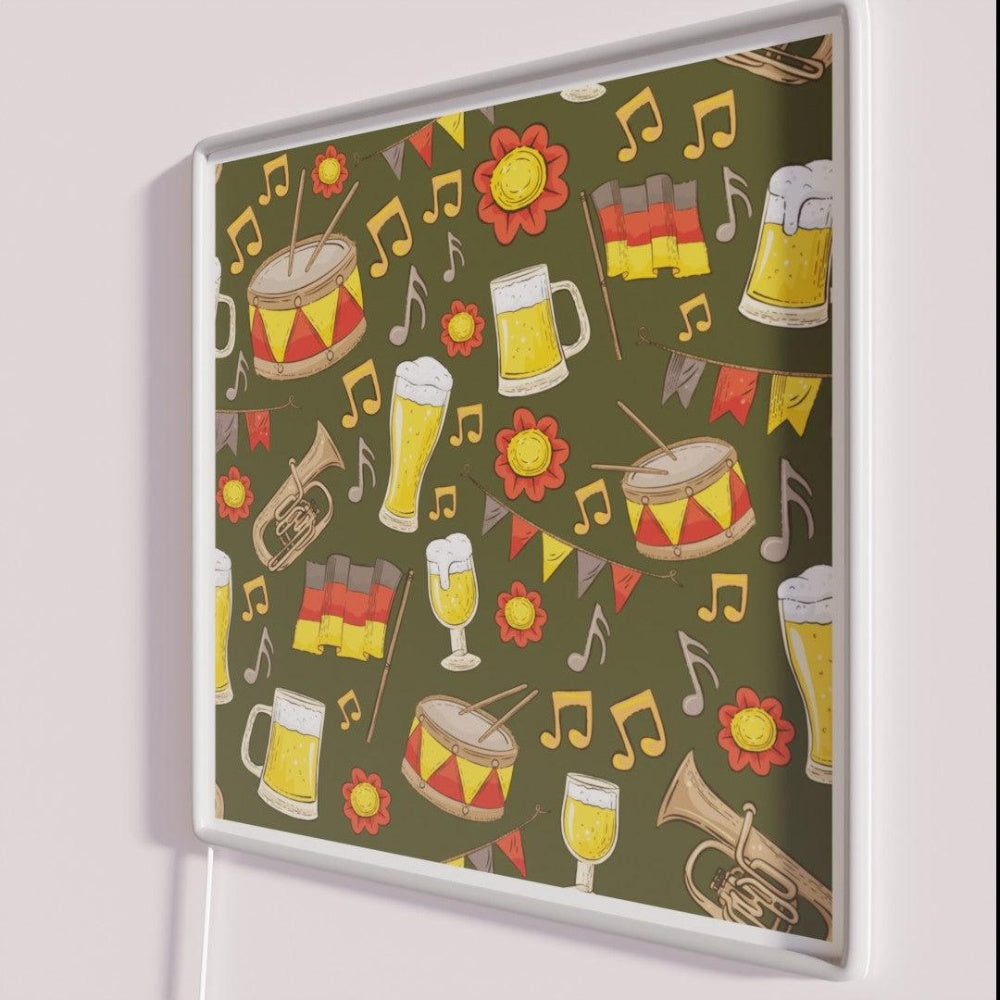 Music And Beer Oktoberfest Pattern Forest Green Rgb Led Neon Sign - Neon sign mounted on wall in room