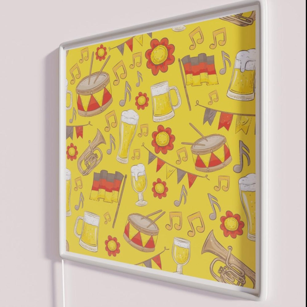 Music And Beer Oktoberfest Pattern Marigold Rgb Led Neon Sign - Neon sign mounted on wall in room