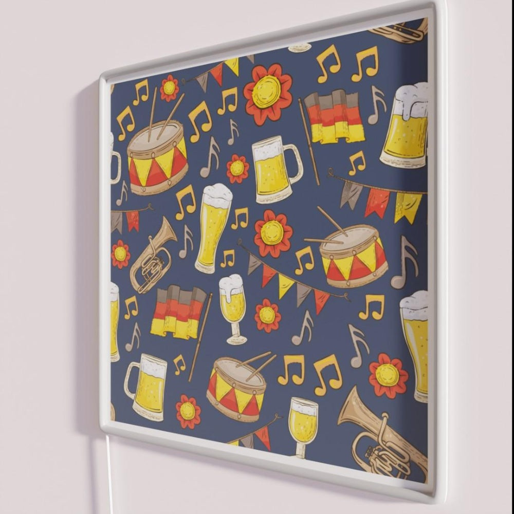 Music And Beer Oktoberfest Pattern Navy Rgb Led Neon Sign - Neon sign mounted on wall in room