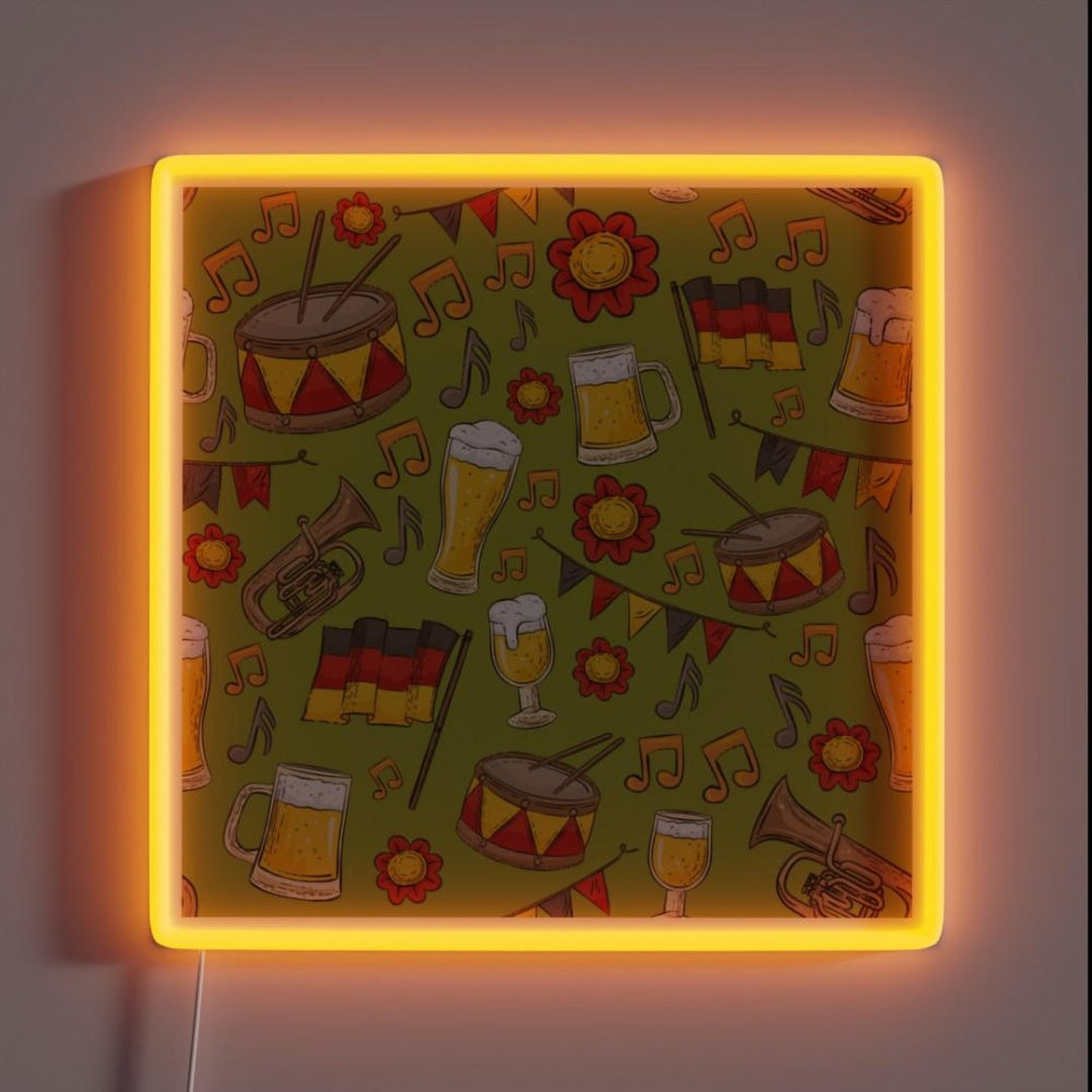 Music And Beer Oktoberfest Pattern Olive Rgb Led Neon Sign - Custom LED neon sign front view