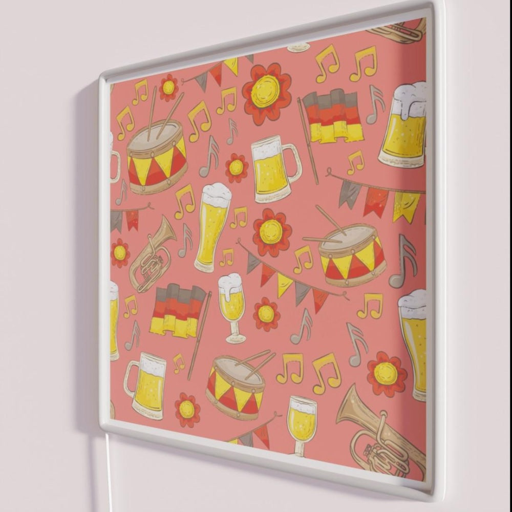 Music And Beer Oktoberfest Pattern Peach Rgb Led Neon Sign - Neon sign mounted on wall in room