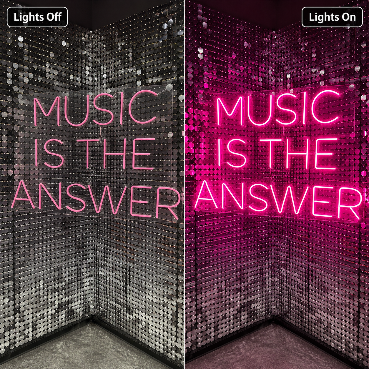 Music Is The Answer Wall Decor LED Neon Sign - 06 Day Night Comparison