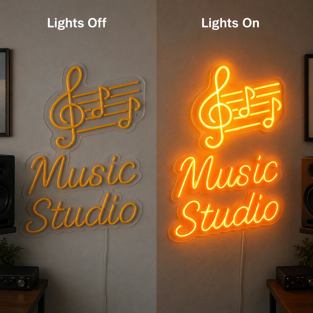 Music Studio Notes Neon Sign LED Neon Sign day and night comparison