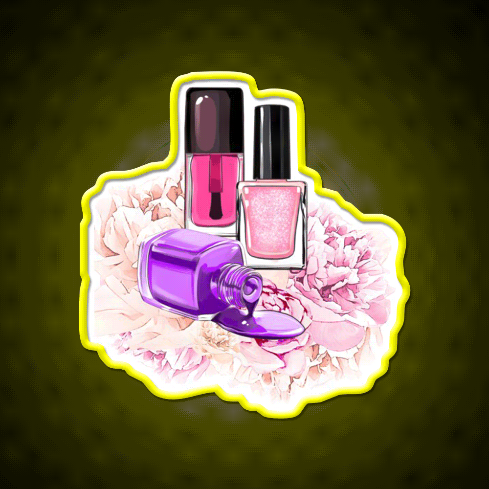 Nail Polish Bottles And Peony Flowers Nail Salon Led Neon Sign Rgb Color - Custom LED neon sign front view