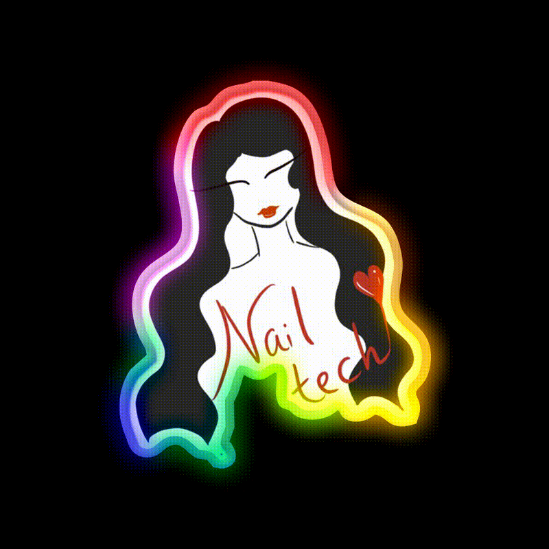 Nail Tech Illustration Long Hair Nail Salon Led Neon Sign Rgb Color - LED neon sign close-up detail