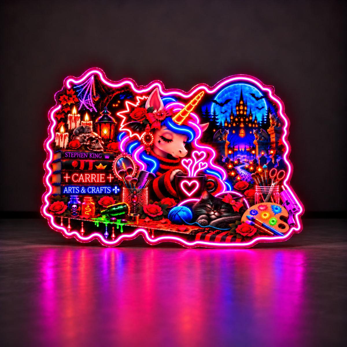 Gothic Halloween Unicorn & Black Cat UV Custom LED Neon Sign