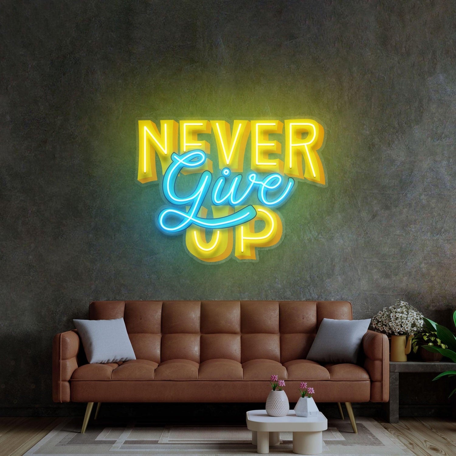 Never Give Up Dual-Tone Yellow Blue Uv Printed Led Neon Sign For Home Studio Decor | Shineneon