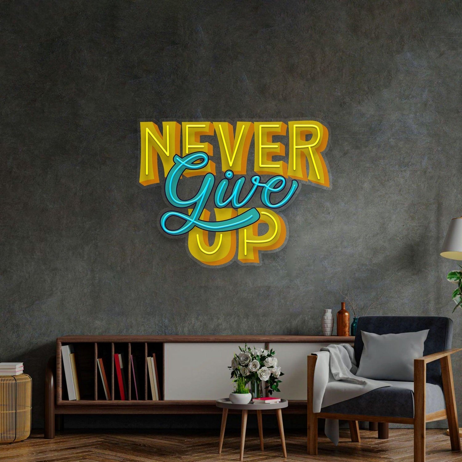 Never Give Up Dual-Tone Yellow Blue Uv Printed Led Neon Sign For Home Studio Decor | Shineneon