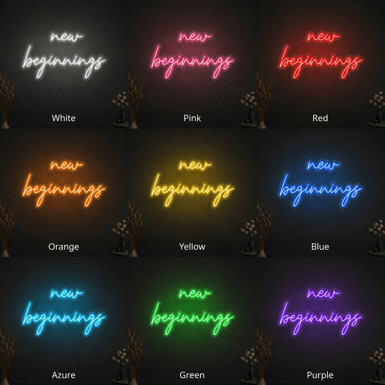New Beginnings Script LED Neon Sign day and night comparison