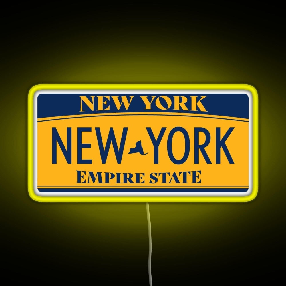 New York License Plate Sticker Rgb Neon Sign - Neon sign mounted on wall in room