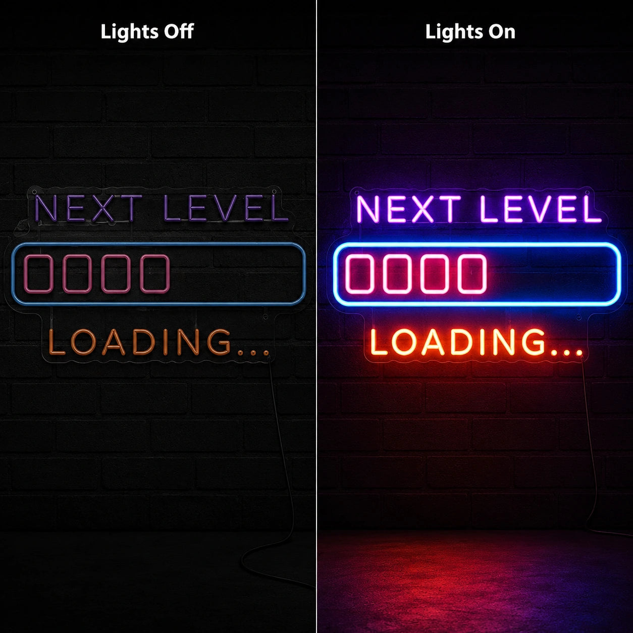 Next Level Loading Neon Sign LED Neon Sign day and night comparison