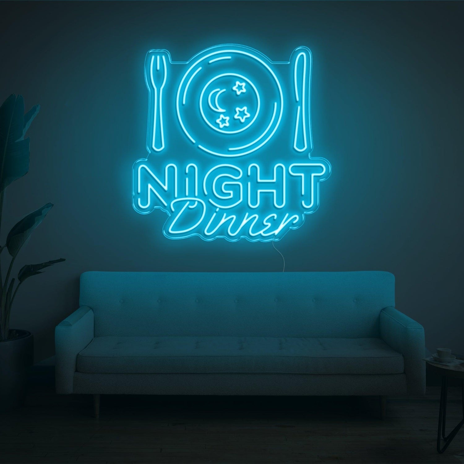 Night Dinner Light Blue Moon Stars Led Neon Sign | Shineneon