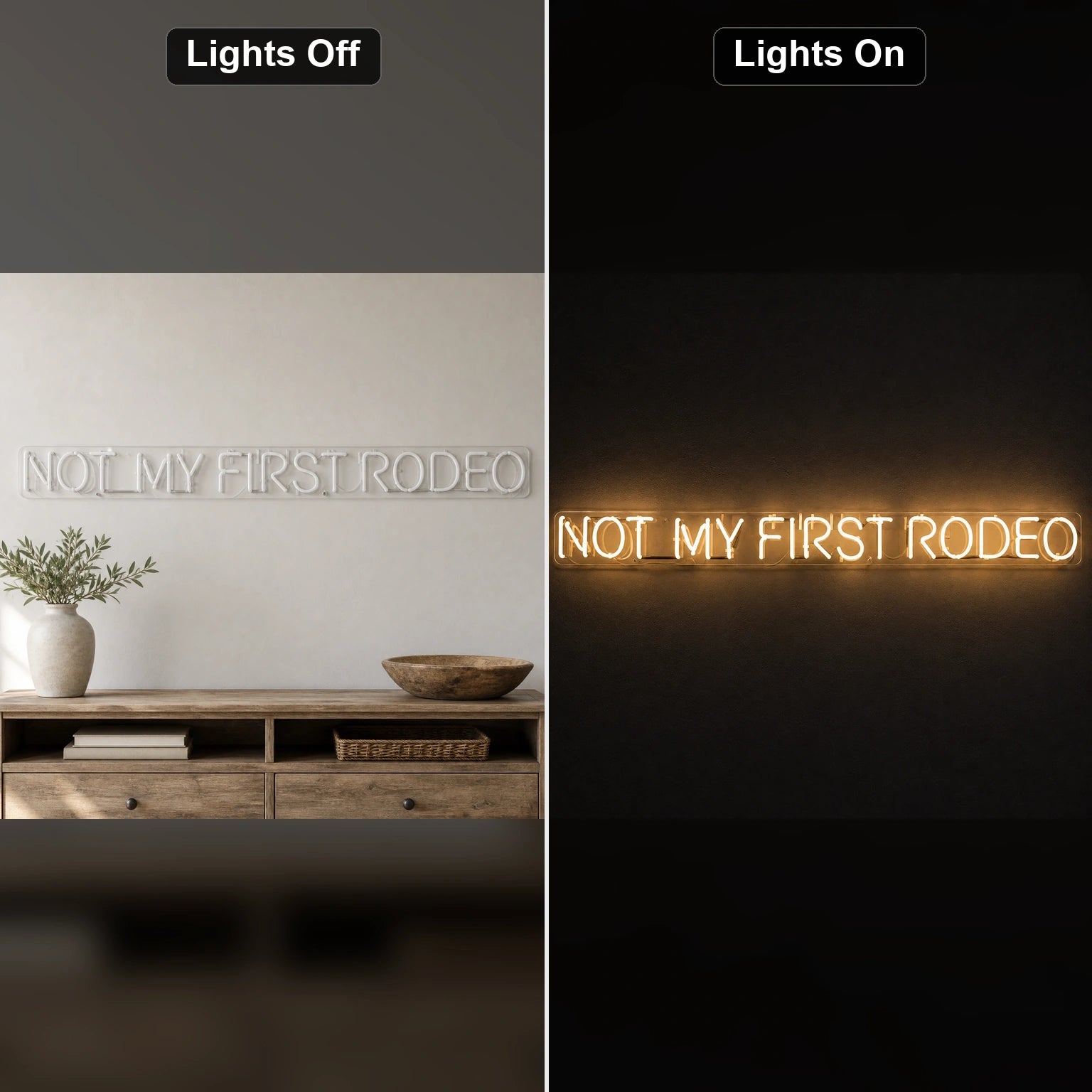 Not My First Rodeo LED Neon Sign Garage Man Cave Neon Sign day and night comparison