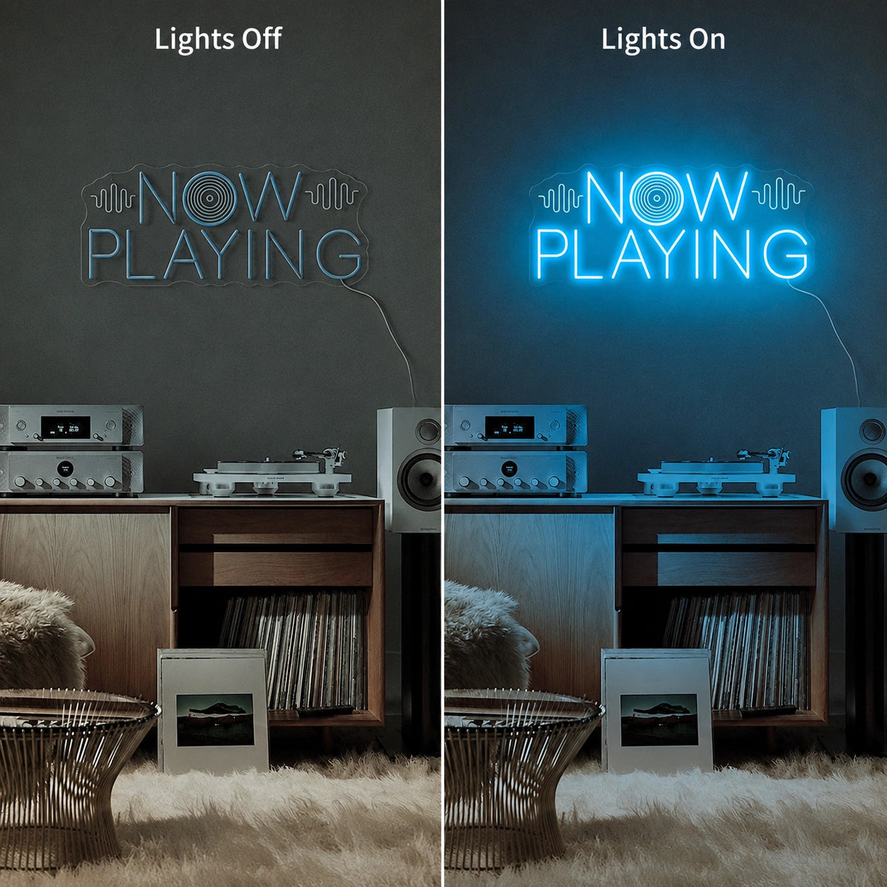 Now Playing Vinyl Neon Sign LED Neon Sign day and night comparison
