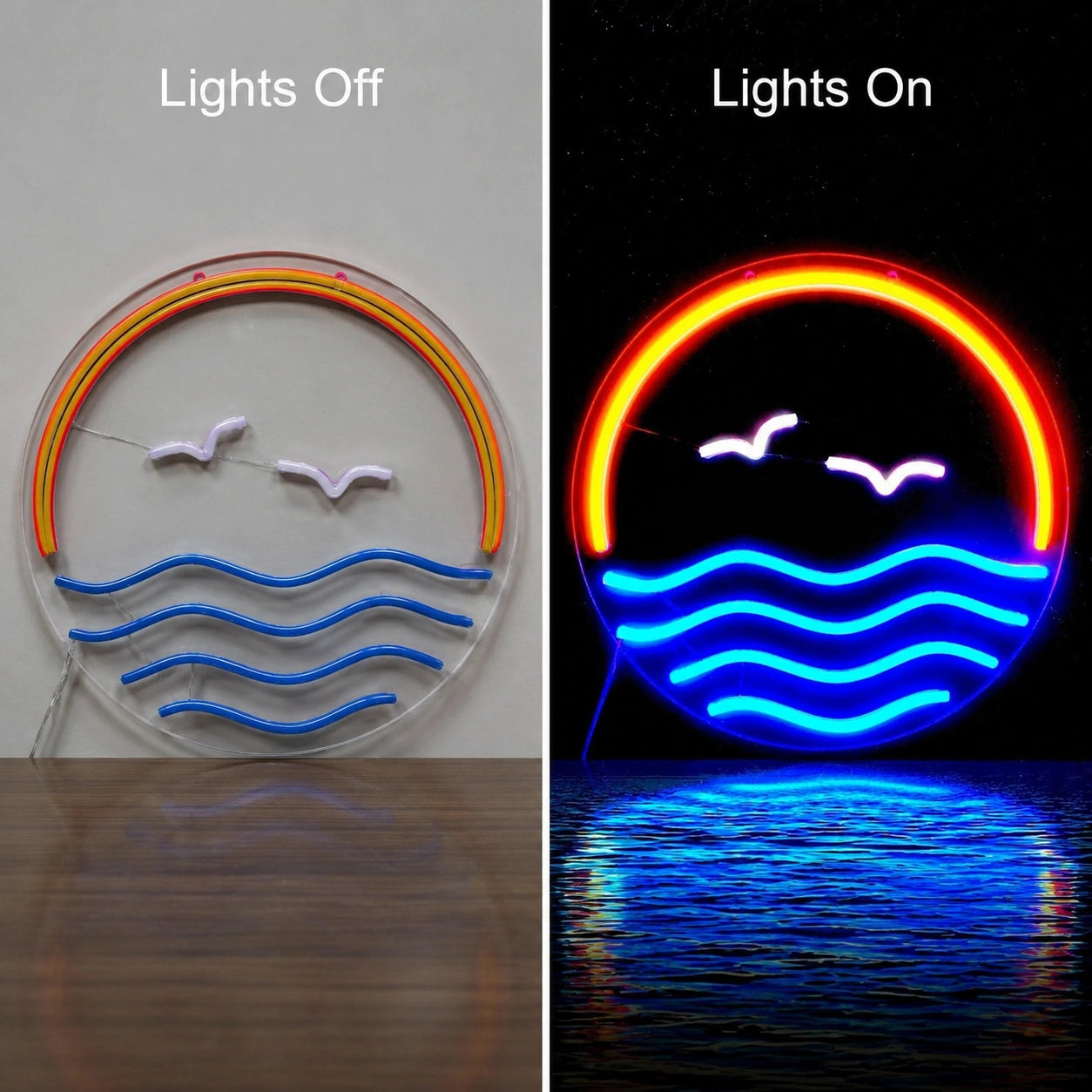 Ocean Sunset Neon Sign LED Neon Sign day and night comparison