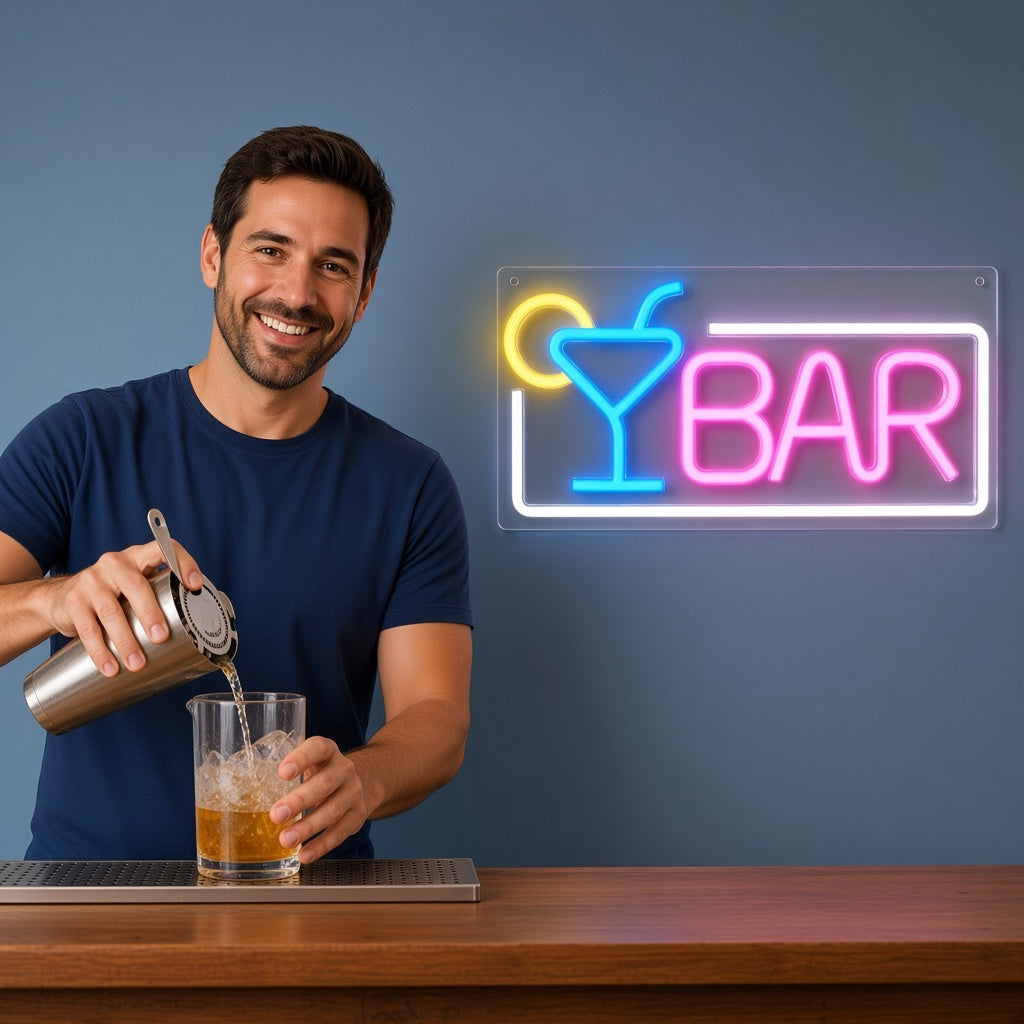 Bar with Cocktail Glass and Frame LED Neon Sign