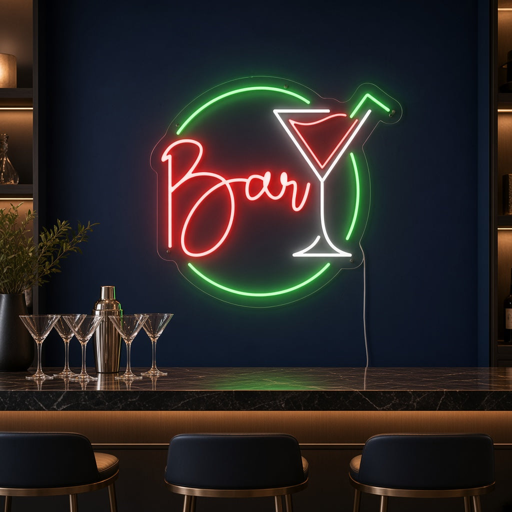 Bar with Martini Glass in a Circle LED Neon Sign