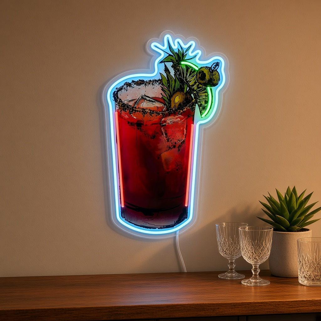 Bloody Mary Cocktail Glass with Olive LED Neon Sign