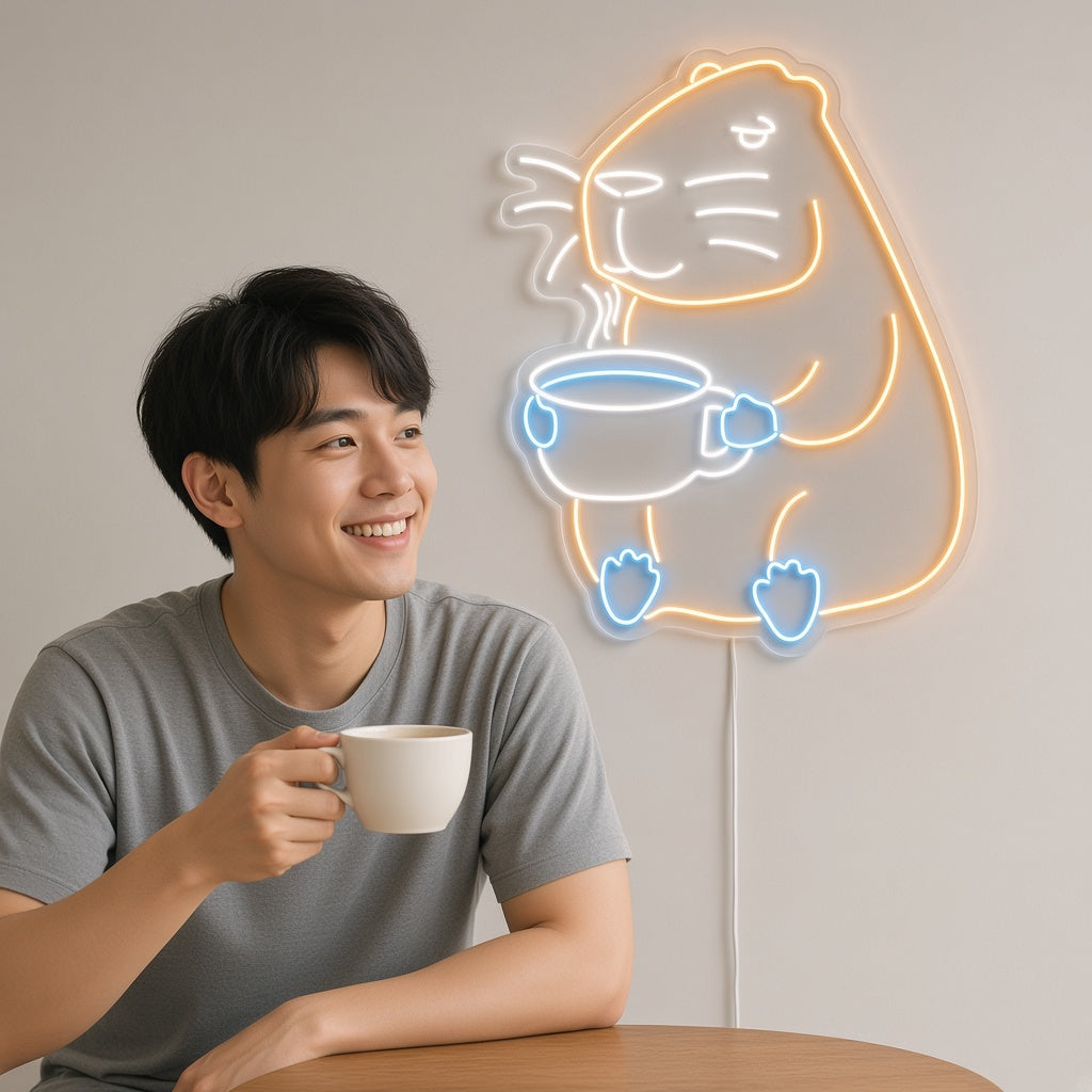 Capybara Holding Coffee Cup LED Neon Sign