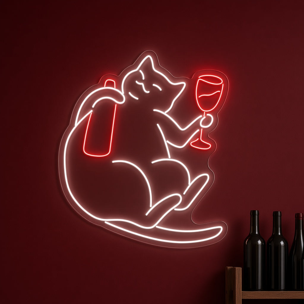 Chubby Cat with Wine Bottle and Glass LED Neon Sign