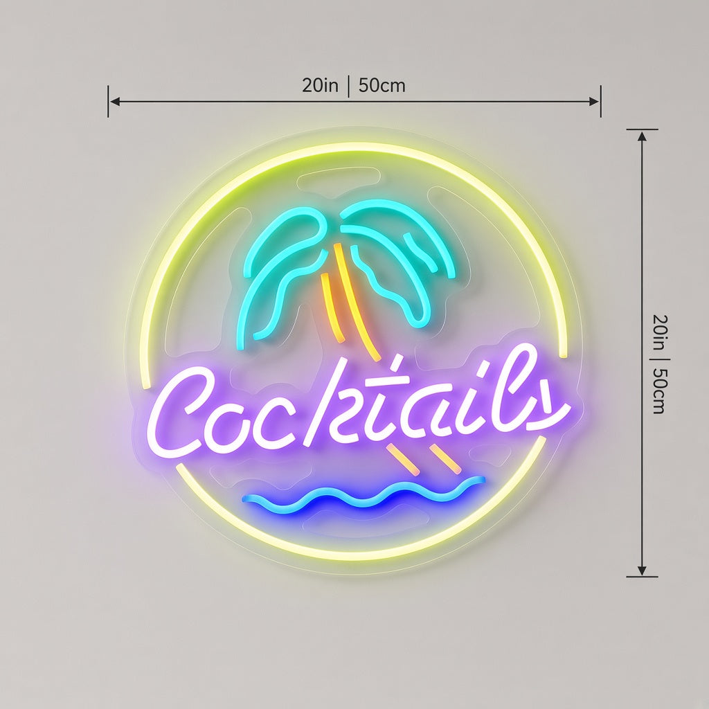 Cocktails with Palm Tree Circle LED Neon Sign