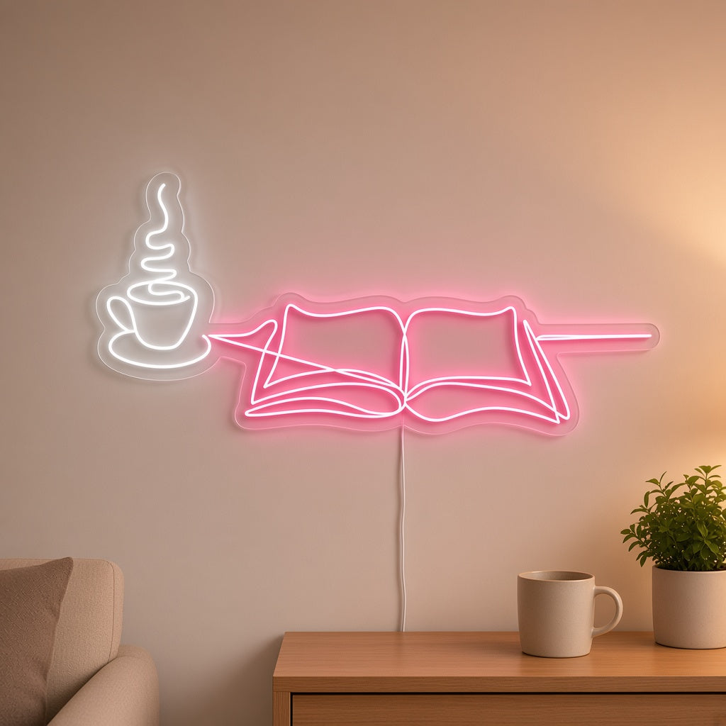 Coffee Cup and Open Book LED Neon Sign