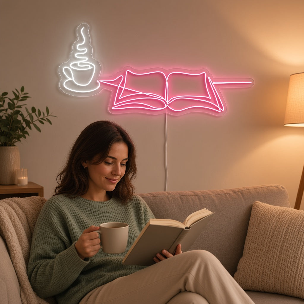 Coffee Cup and Open Book LED Neon Sign