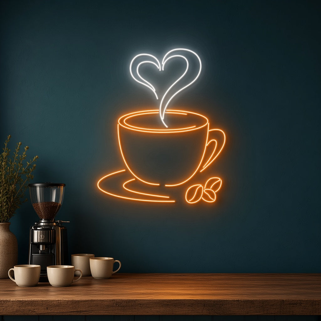 Coffee Cup with Heart Steam and Beans LED Neon Sign