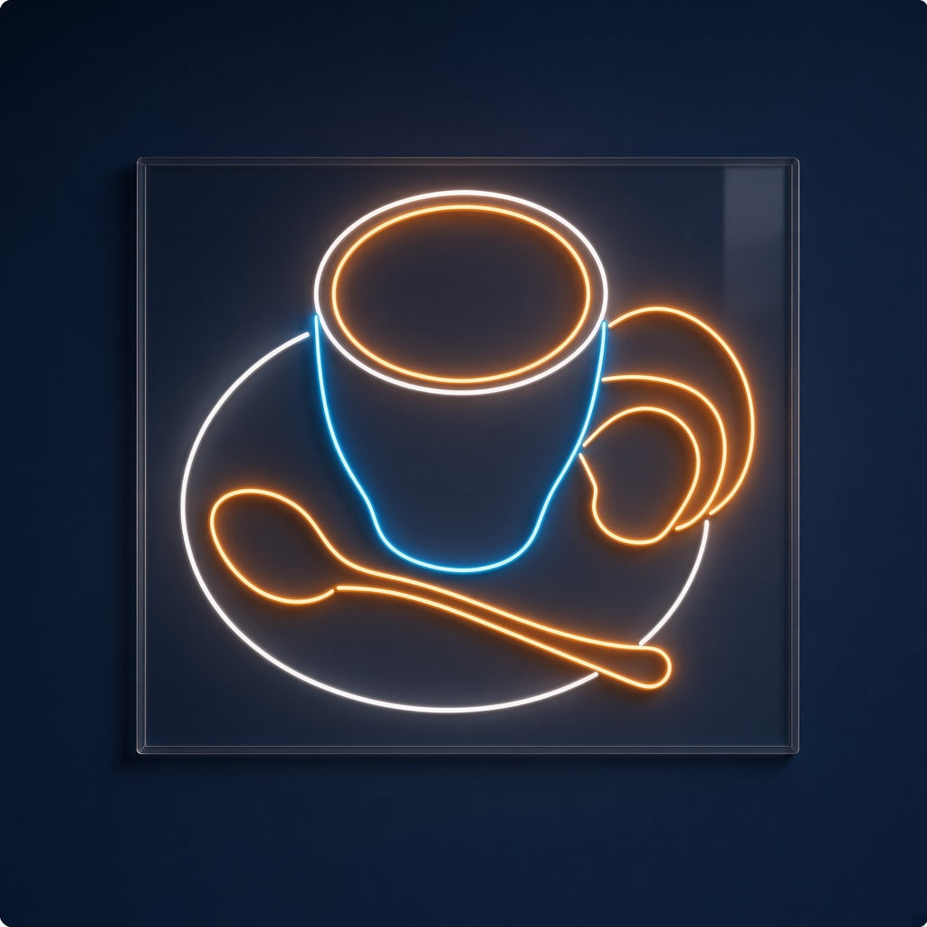 Coffee Cup with Spoon and Croissant LED Neon Sign