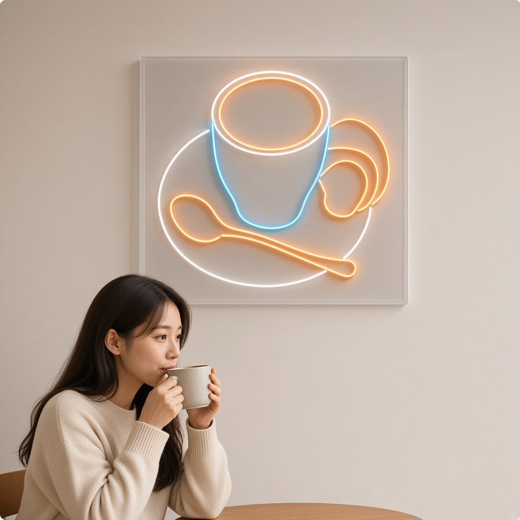 Coffee Cup with Spoon and Croissant LED Neon Sign