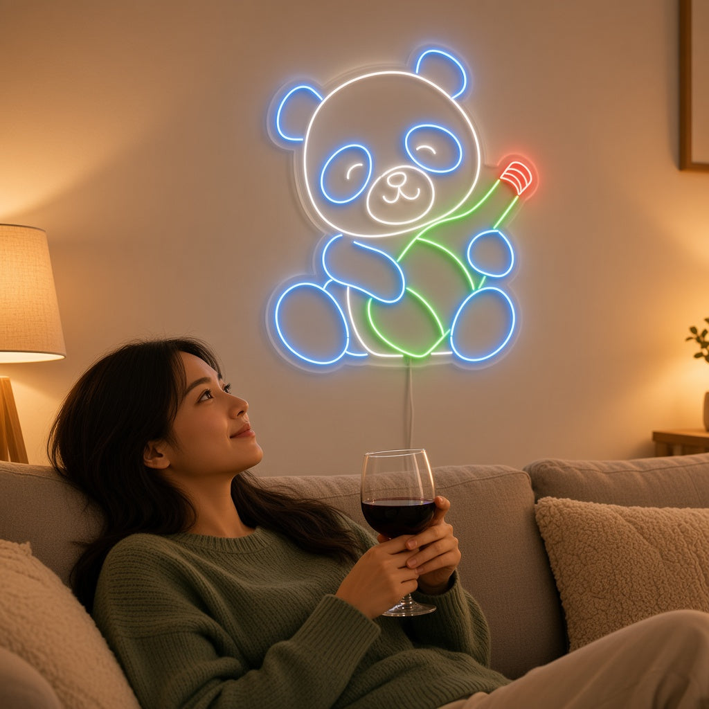 Cute Panda Hugging Wine Bottle LED Neon Sign
