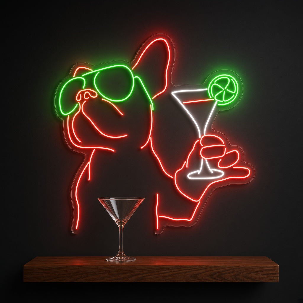 French Bulldog with Sunglasses and Martini LED Neon Sign