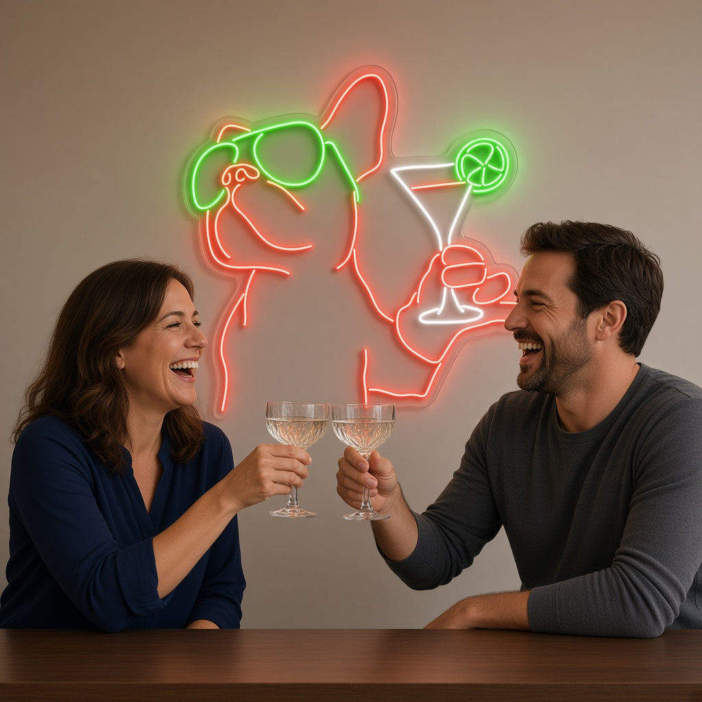 French Bulldog with Sunglasses and Martini LED Neon Sign