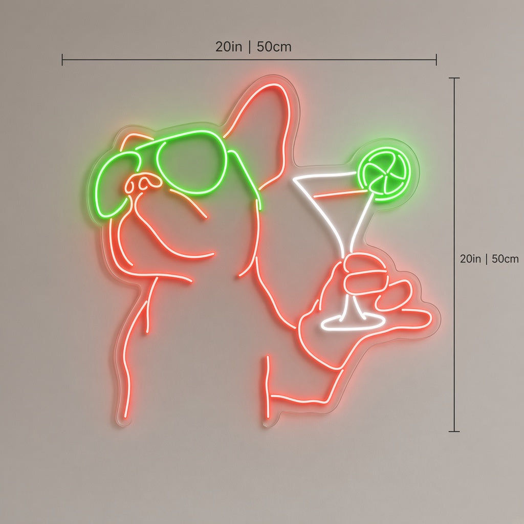 French Bulldog with Sunglasses and Martini LED Neon Sign