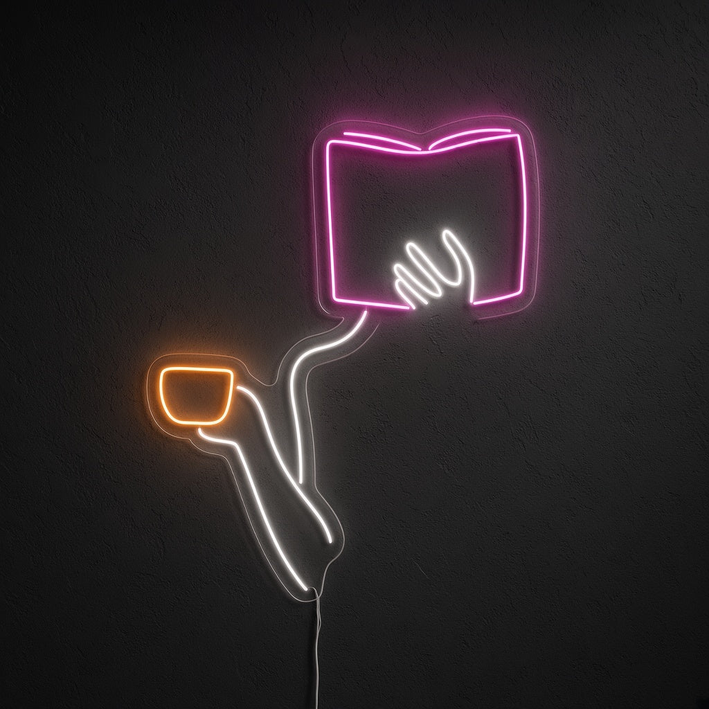 Hand Holding Book and Coffee Cup LED Neon Sign