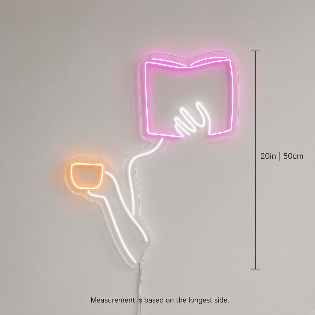 Hand Holding Book and Coffee Cup LED Neon Sign